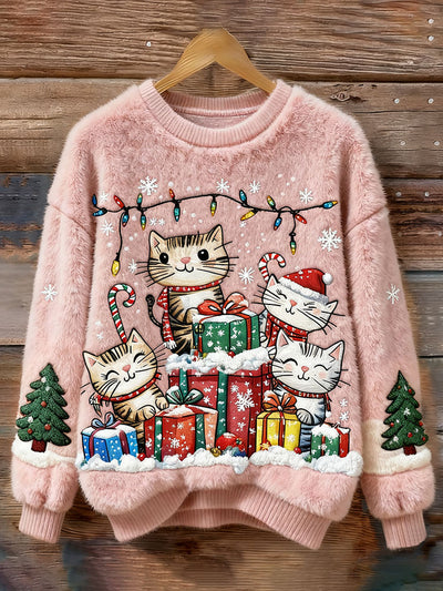 Felpa in Pile Ricamata con Gatto di Natale per Donne