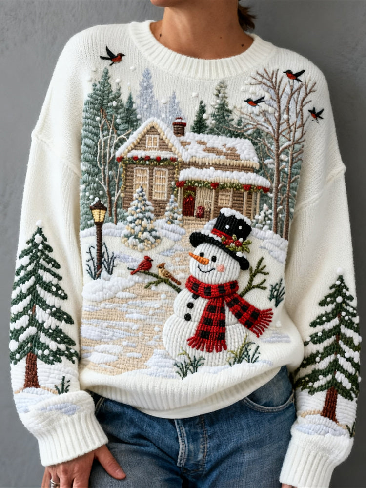 Maglione da Donna in Maglia Ricamata con Design di Albero di Natale e Pupazzo di Neve