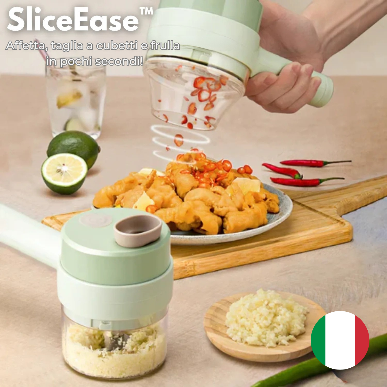 SliceEase™ | Affetta, taglia a cubetti e frulla in pochi secondi!