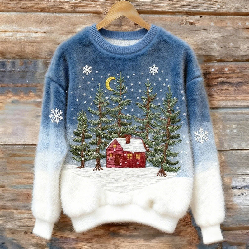 Maglione Femminile in Pile Confortevole con Design di una Casa Rossa di Natale in un Bosco di Fiocchi di Neve e Alberi di Natale