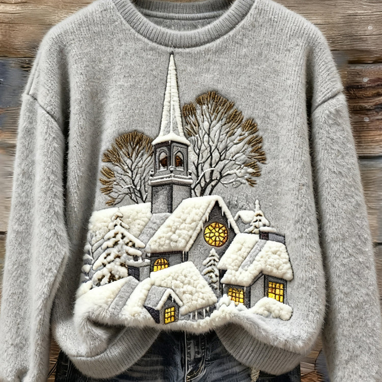 Maglione in Pile da Donna con Ricamo di Scena Natalizia e Casa