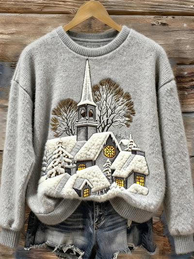 Maglione in Pile da Donna con Ricamo di Scena Natalizia e Casa