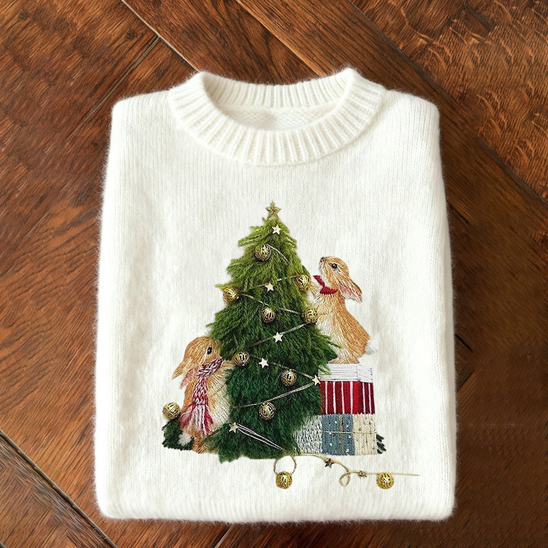 Pullover Accogliente a Maglia con Ricamo di Coniglio e Albero di Natale per Donne