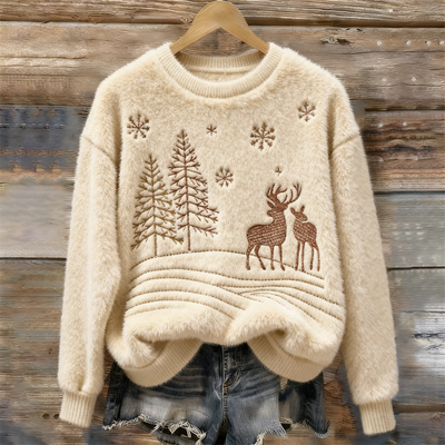 Maglione Peloso Confortevole per Donne con Ricamo di Alce di Natale
