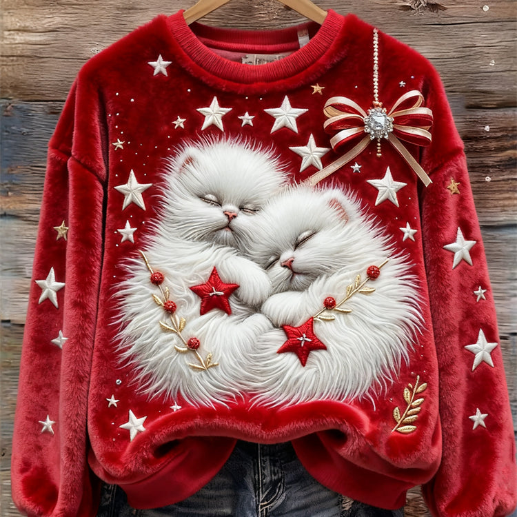 Felpa Morbida e Confortevole con Gatti e Stelle Natalizie Ricamate