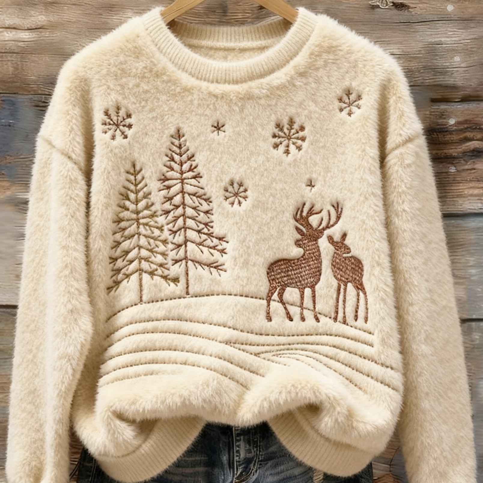 Maglione Peloso Confortevole per Donne con Ricamo di Alce di Natale