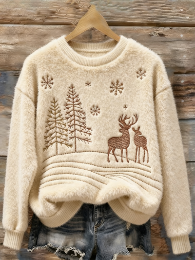Maglione Peloso Confortevole per Donne con Ricamo di Alce di Natale