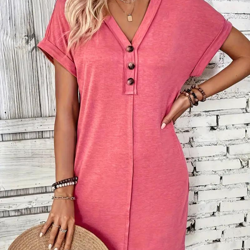 Abito Casual con Scollo a V e Maniche Risvoltabili