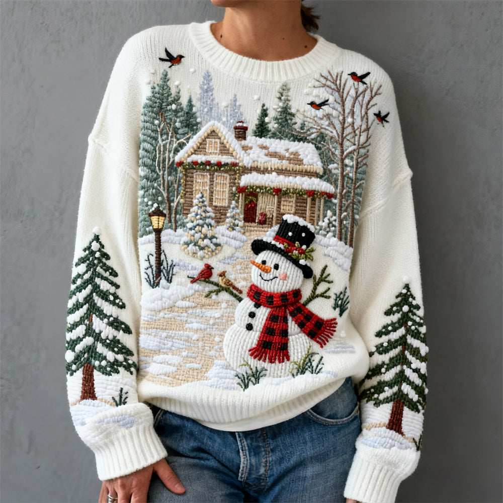 Maglione da Donna in Maglia Ricamata con Design di Albero di Natale e Pupazzo di Neve