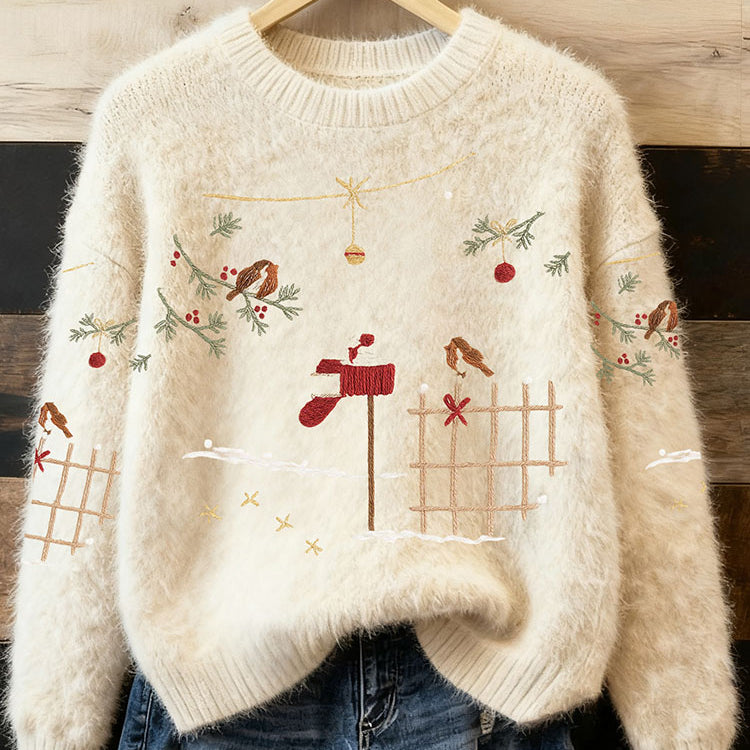 Maglione Pullover Accogliente per Donne con Ricamo di Natale