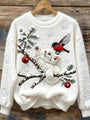 Maglione in peluche accogliente con ricamo di Natale, gatto e uccello per donna