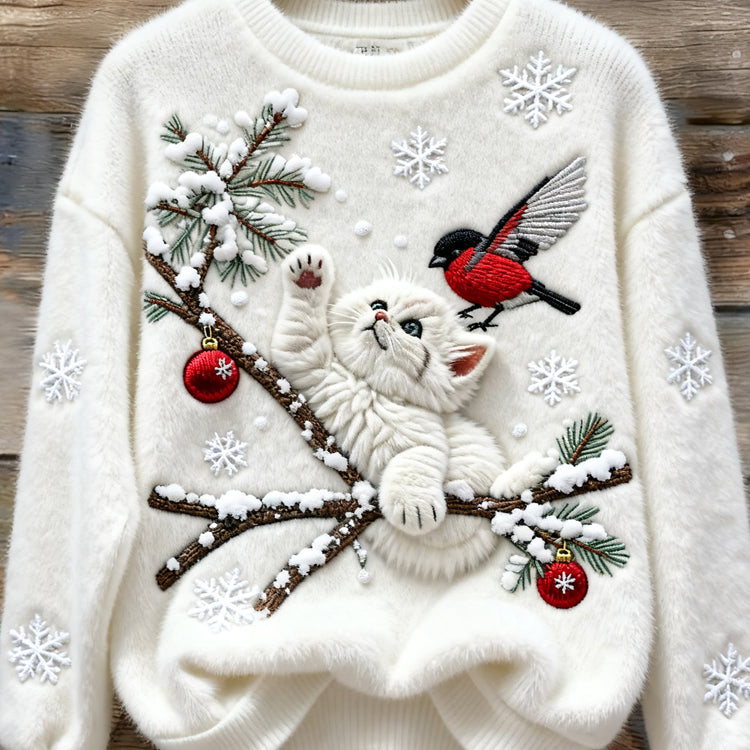 Maglione in peluche accogliente con ricamo di Natale, gatto e uccello per donna