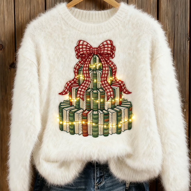 Maglione Ricamato Accogliente per Amanti dei Libri - Design Albero di Natale