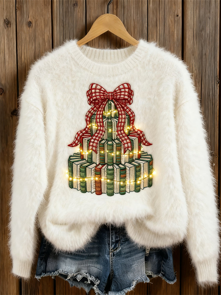 Maglione Ricamato Accogliente per Amanti dei Libri - Design Albero di Natale