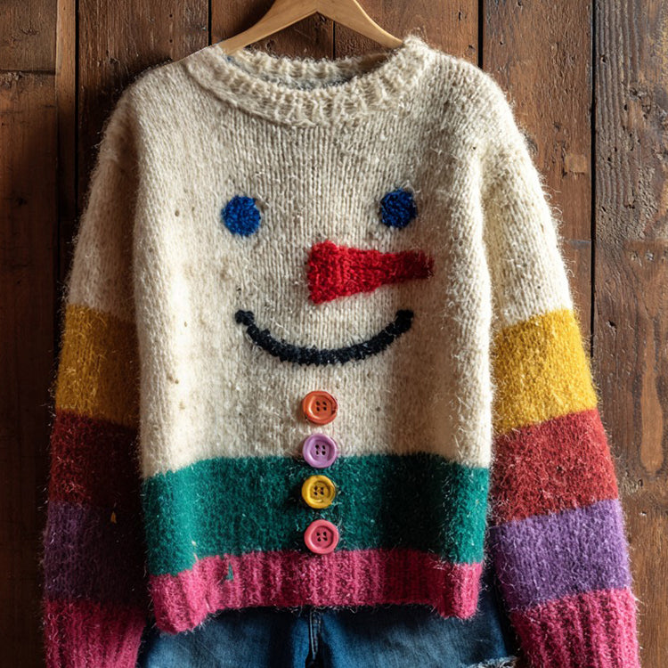 Maglione Accogliente a Tema Pupazzo di Neve con Design a Colori a Contrasto