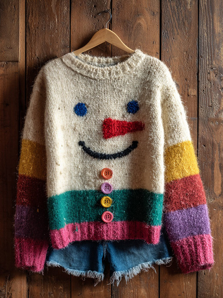 Maglione Accogliente a Tema Pupazzo di Neve con Design a Colori a Contrasto