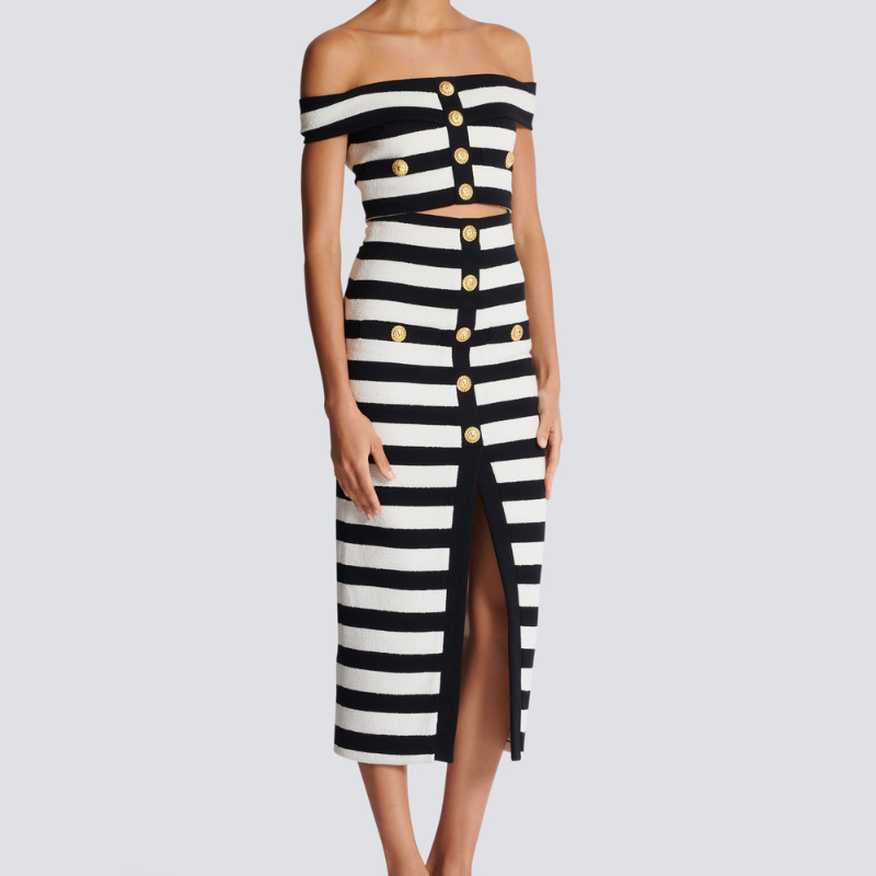 Abito a Righe Bicolore con Bottoni Dorati