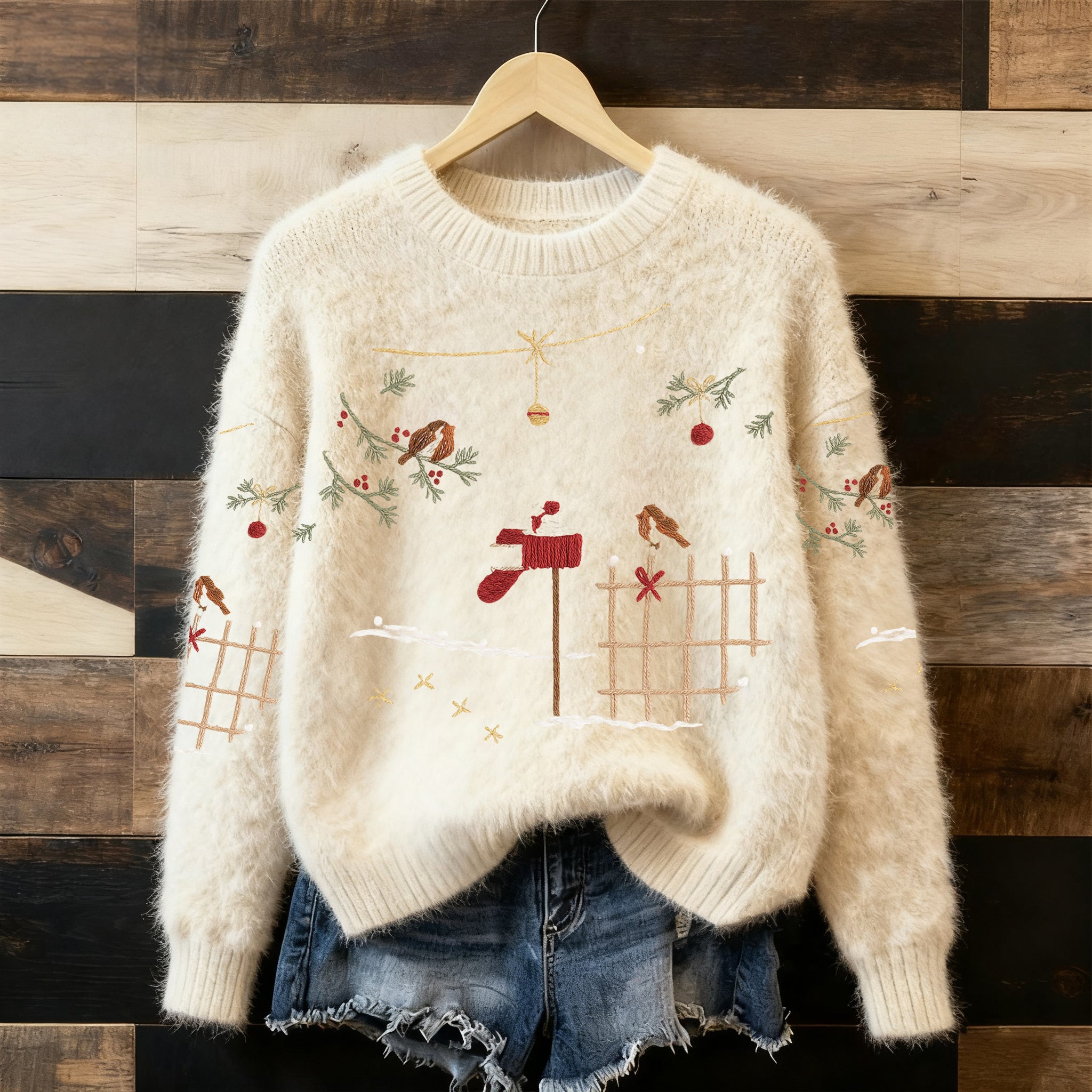 Maglione Pullover Accogliente per Donne con Ricamo di Natale