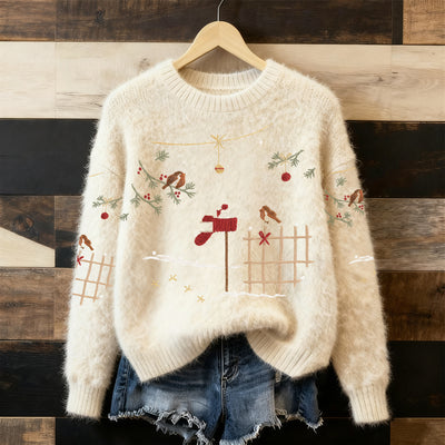 Maglione Pullover Accogliente per Donne con Ricamo di Natale