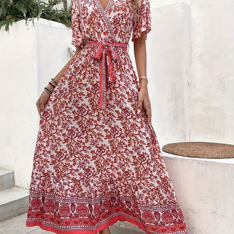 Abito Maxi Floreale con Scollo a V e Vita Annodata Fluida